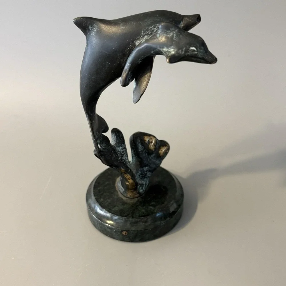 Vintage Verdigris Brass Dolphins Statue Verdigris Marble Base 6